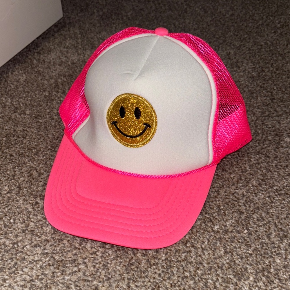 Pink and White Trucker Hat with Gold Smiley Face